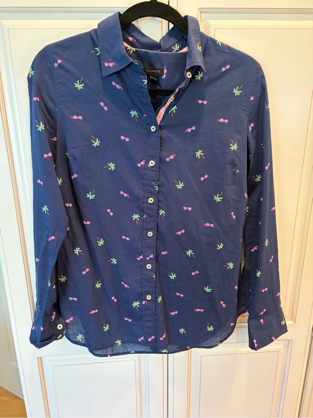 Talbots Navy Button-Down Shirt with Pink Sunglasses & Lime Palm Motif